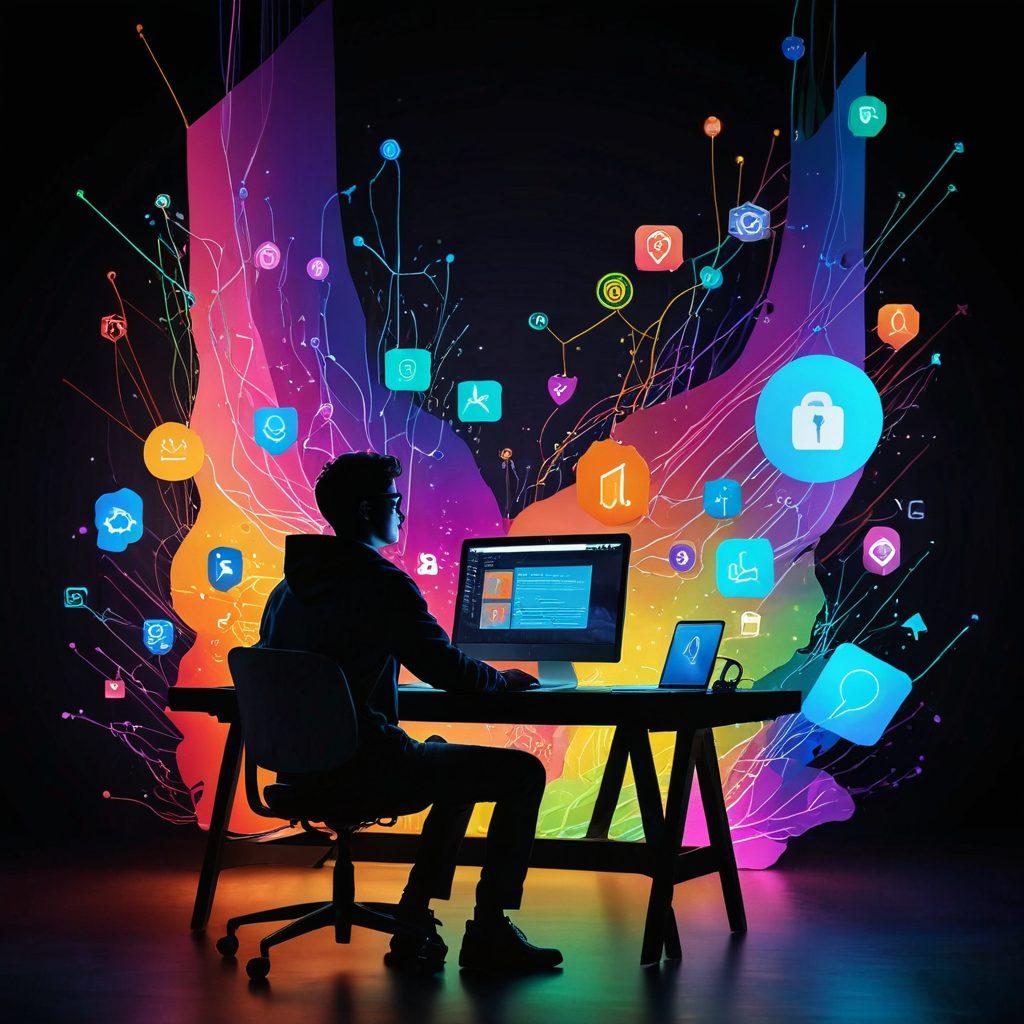 A silhouette of a person sitting at a computer, surrounded by vibrant icons representing various online services and networks. Soft locks and shields float around, symbolizing safety, with a glowing pathway leading through the digital landscape. A striking contrast of warm and cool colors to convey balance and exploration in the realm of online adult entertainment. super-realistic. vibrant colors. dark background.