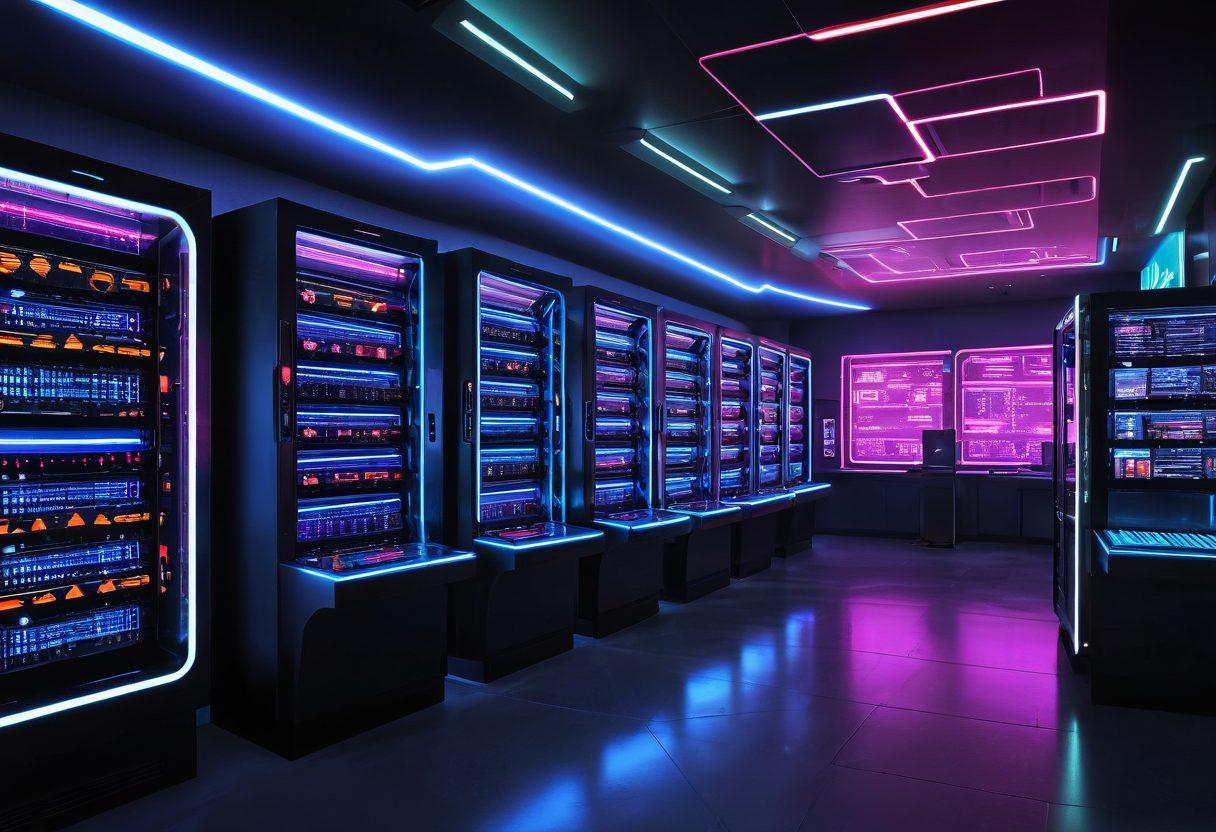 A futuristic digital landscape symbolizing the adult entertainment industry, featuring a network of secure data servers with bright neon lights and abstract designs representing cyberspace. Include elements like locked padlocks symbolizing security, intertwined with playful and vibrant icons of entertainment. The scene should evoke a sense of exploration and safety in the digital realm. super-realistic. vibrant colors. cyberpunk.