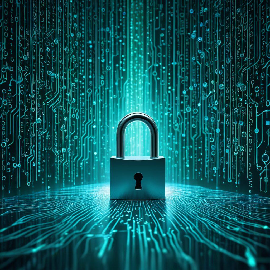 An abstract representation of digital privacy, featuring a locked padlock surrounded by flowing binary code streams. In the background, silhouettes of diverse individuals using technology, symbolizing connectivity and privacy. Bright blues and greens to evoke a sense of security and exploration, with hints of circuit patterns interwoven. super-realistic. vibrant colors. 3D.